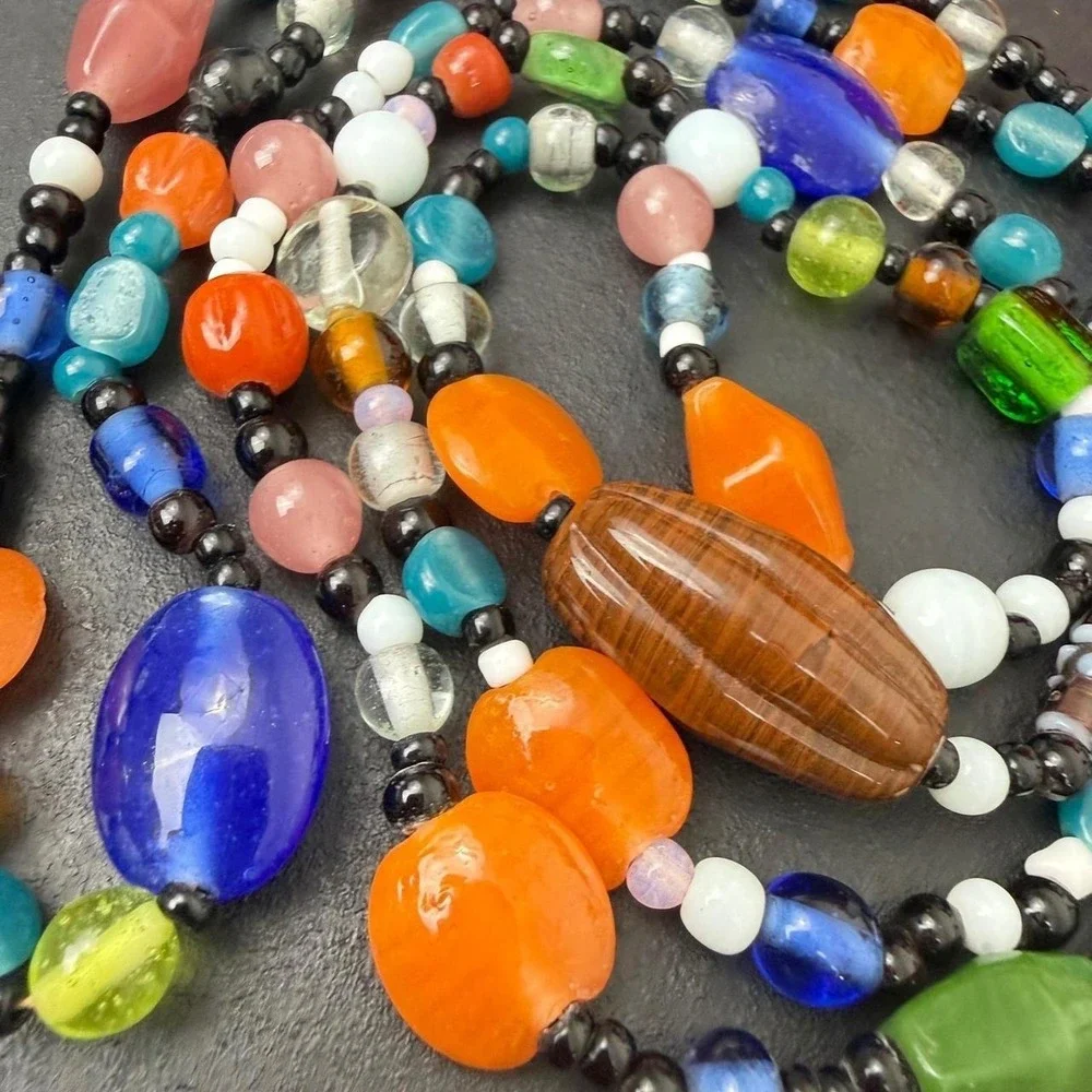 Vintage Eclectic Multi Color Glass Bead Necklace Long Single Strand Boho Style
